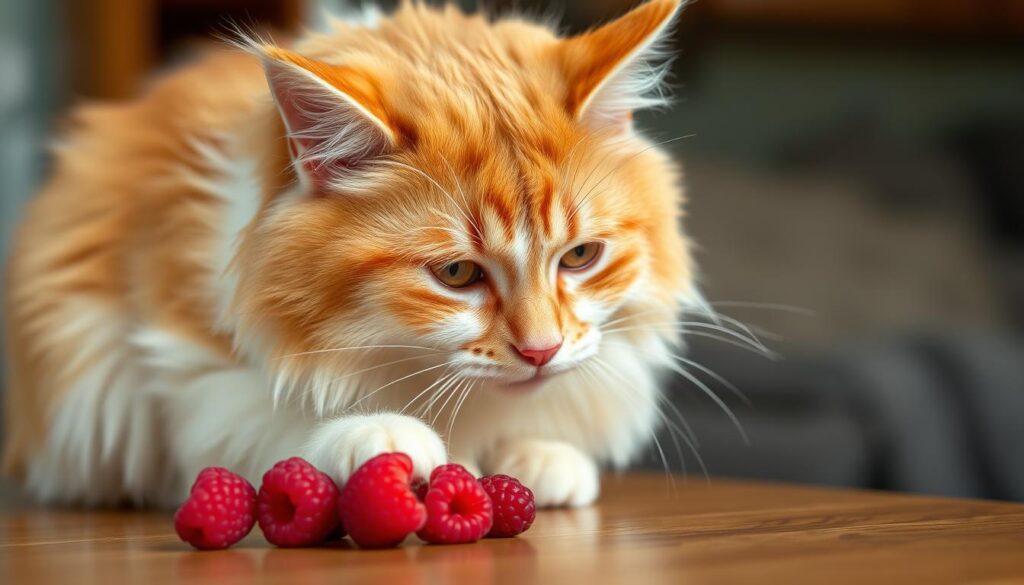 cat eating raspberries